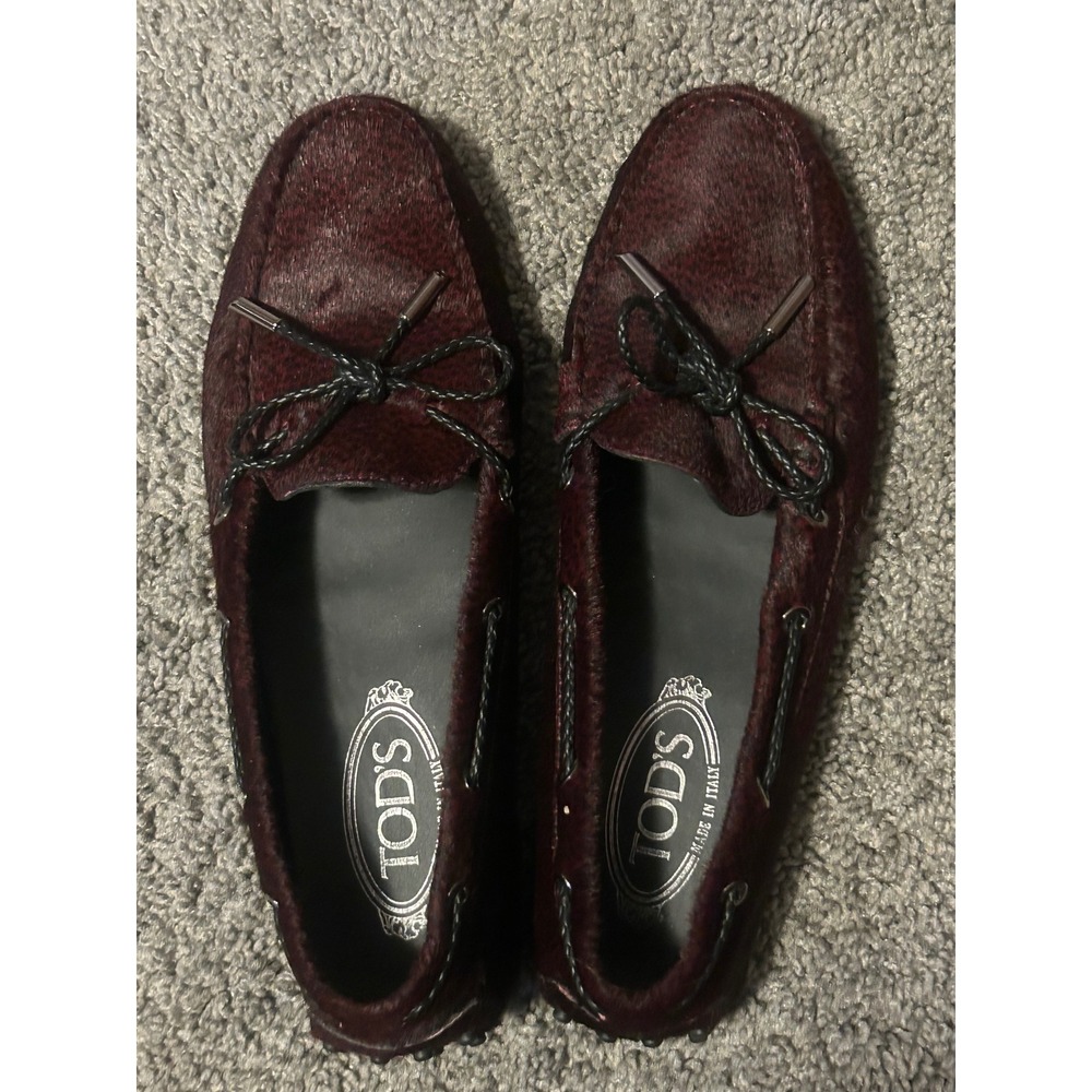 Tod's Gommino Burgundy Calf Hair Animal Print Driving Loafers Made in Italy EU39